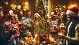 DALL·E 2023-12-23 19.24.42 - A festive Christmas beer party scene. The setting is a cozy room decorated with Christmas lights and a beautifully adorned Christmas tree. People are .png